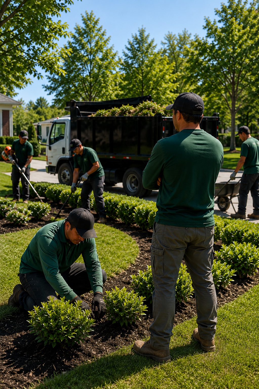 Landscaping crew working together in a planted garden