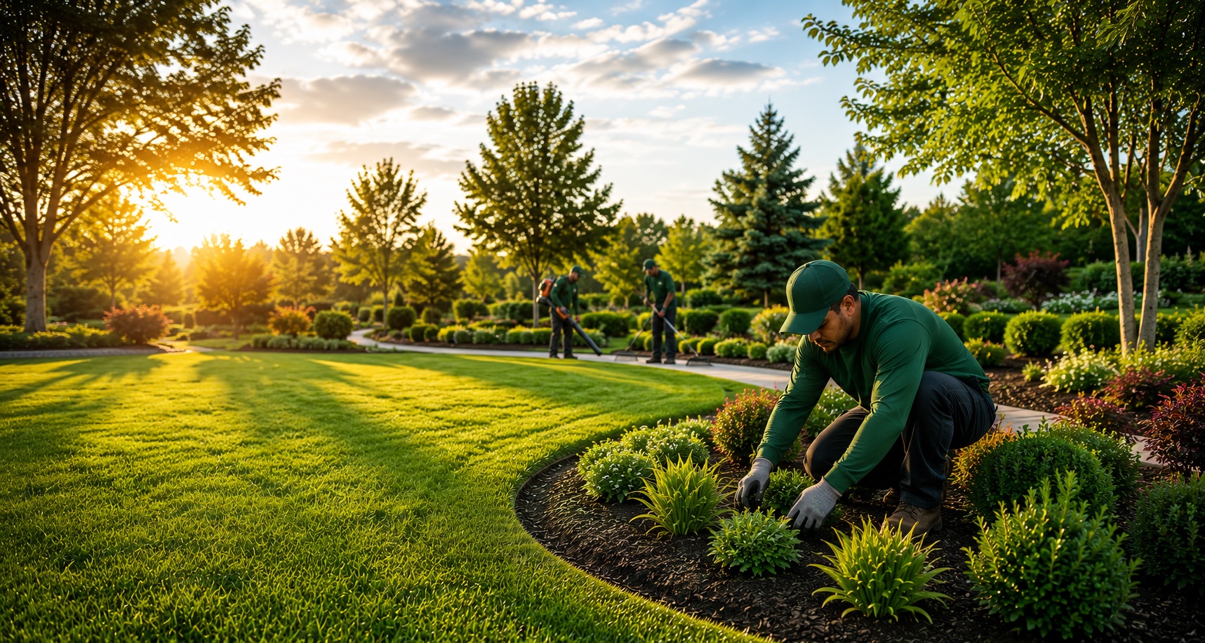 Landscape professional tending a garden with his crew
